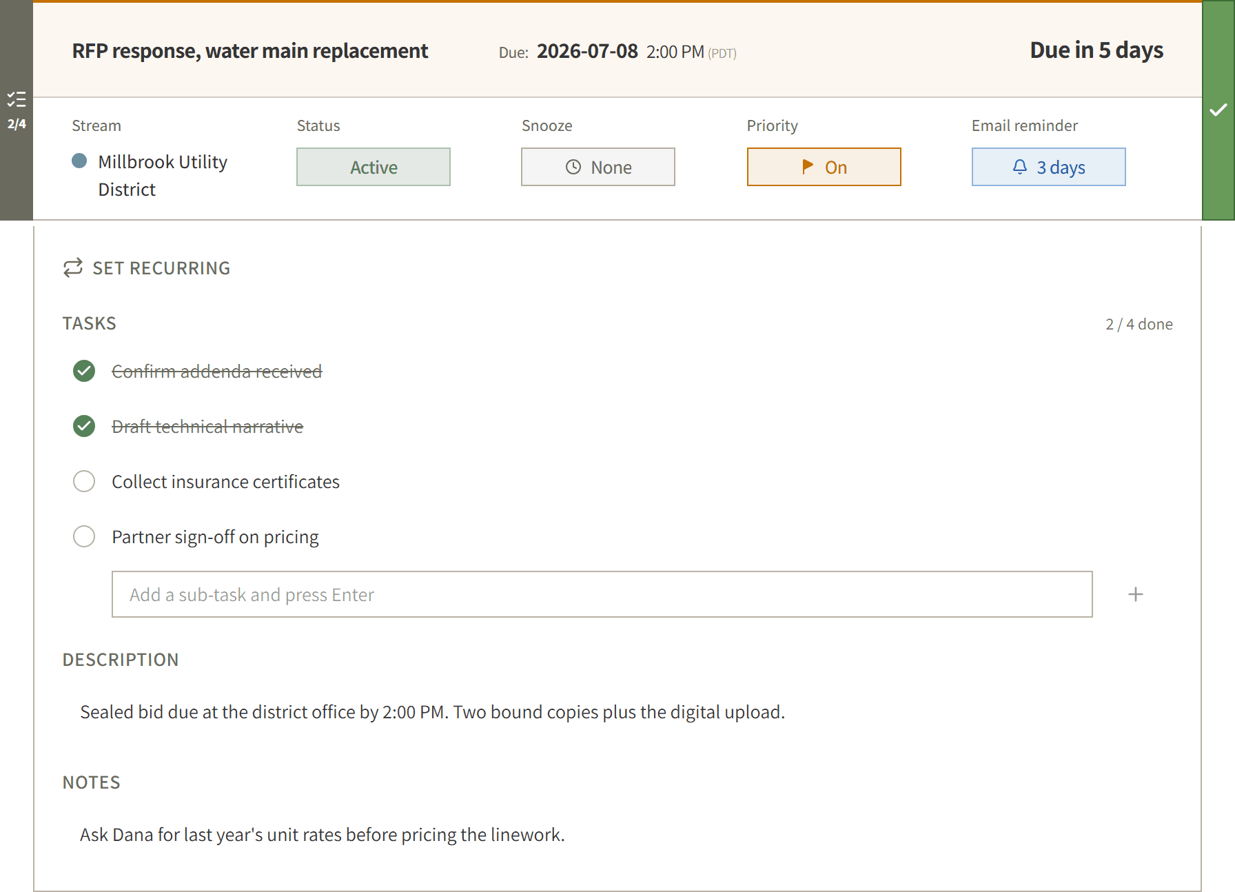 The deadline card with its detail drawer open: the subtask checklist, the shareable description, and private notes