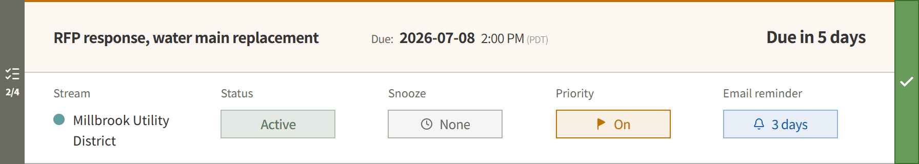 A deadline card: due date with its time, days remaining, subtask progress, and the Stream, Status, Snooze, Priority, and Email reminder controls
