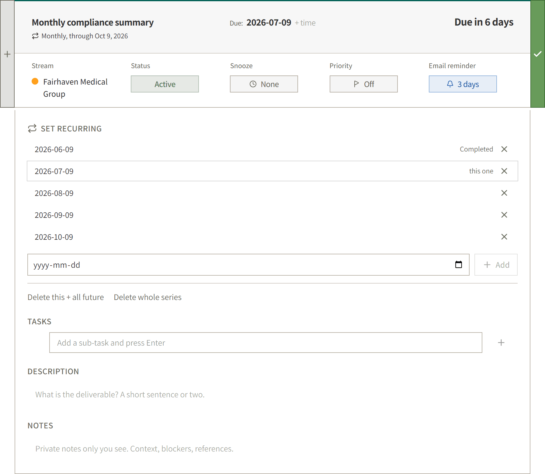The recurring set editor: every date in a monthly series listed with its status, plus add and remove controls