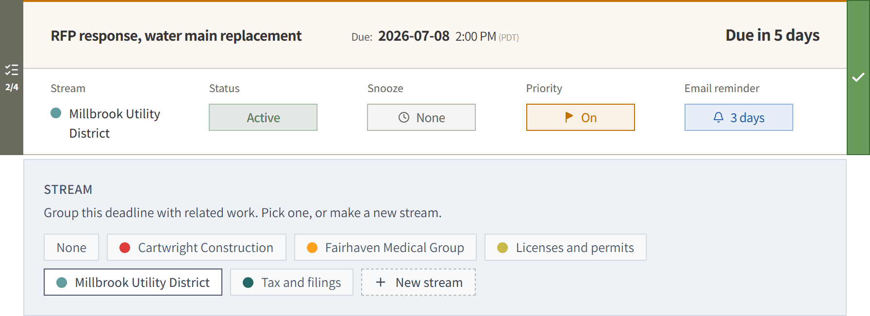 The stream picker on a deadline card: color-coded client and filing-area streams chosen in place