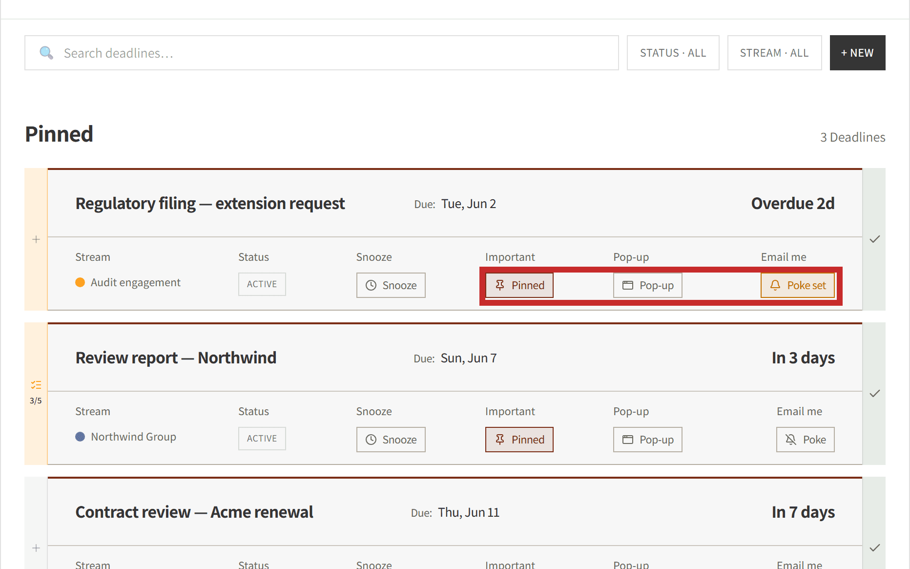 The Important (Pin) control outlined on a deadline card