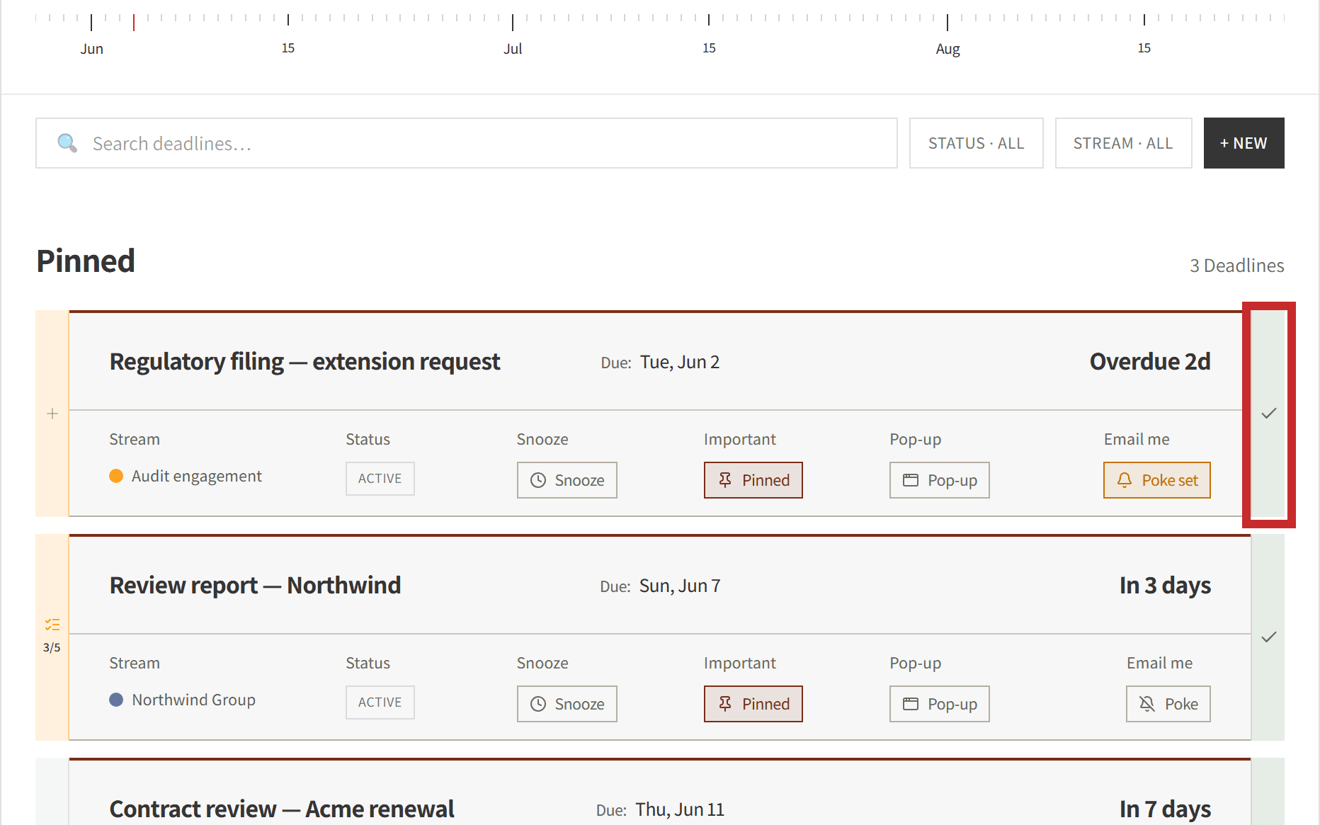 The green complete control outlined on a deadline card