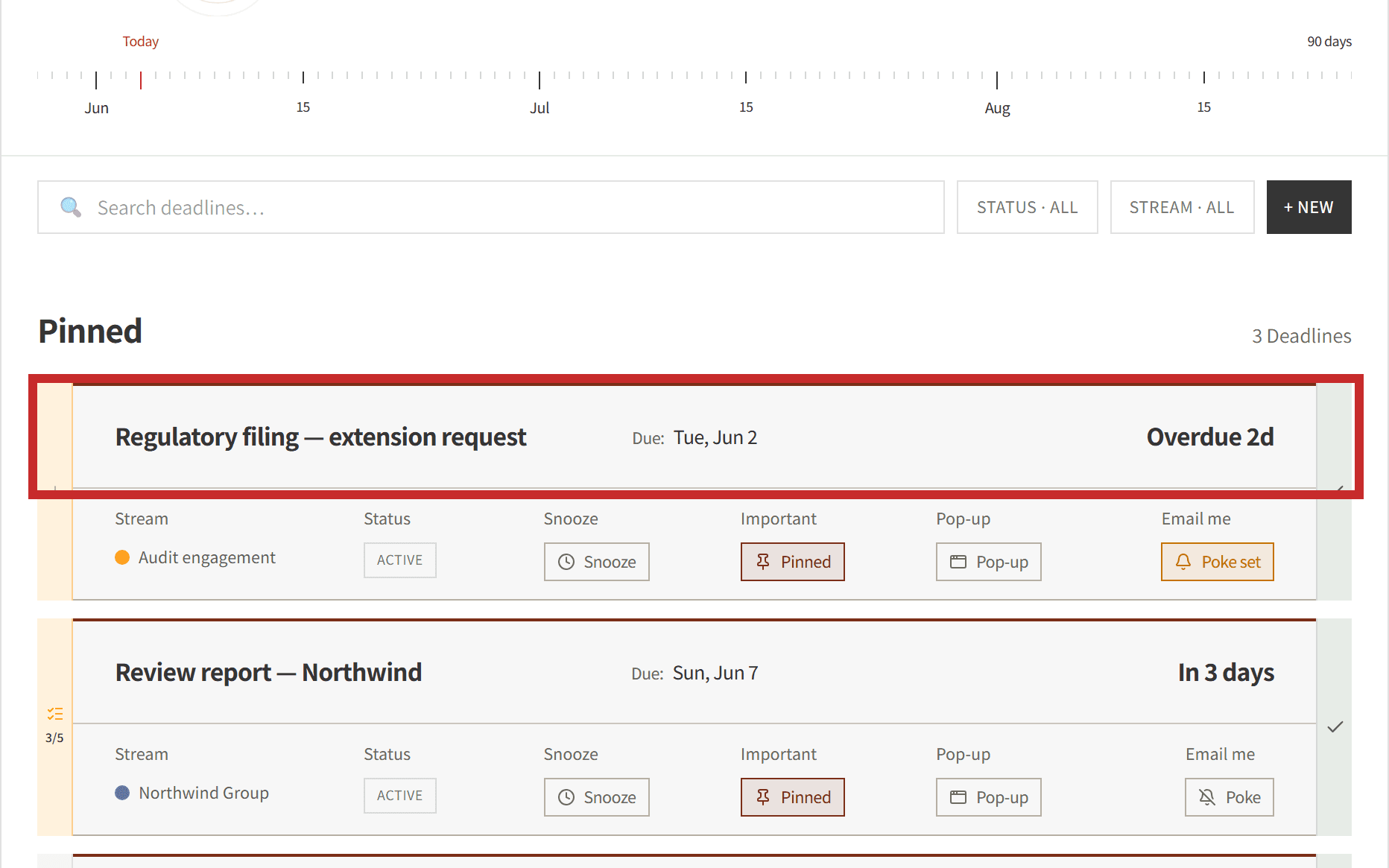A deadline card outlined on the dashboard
