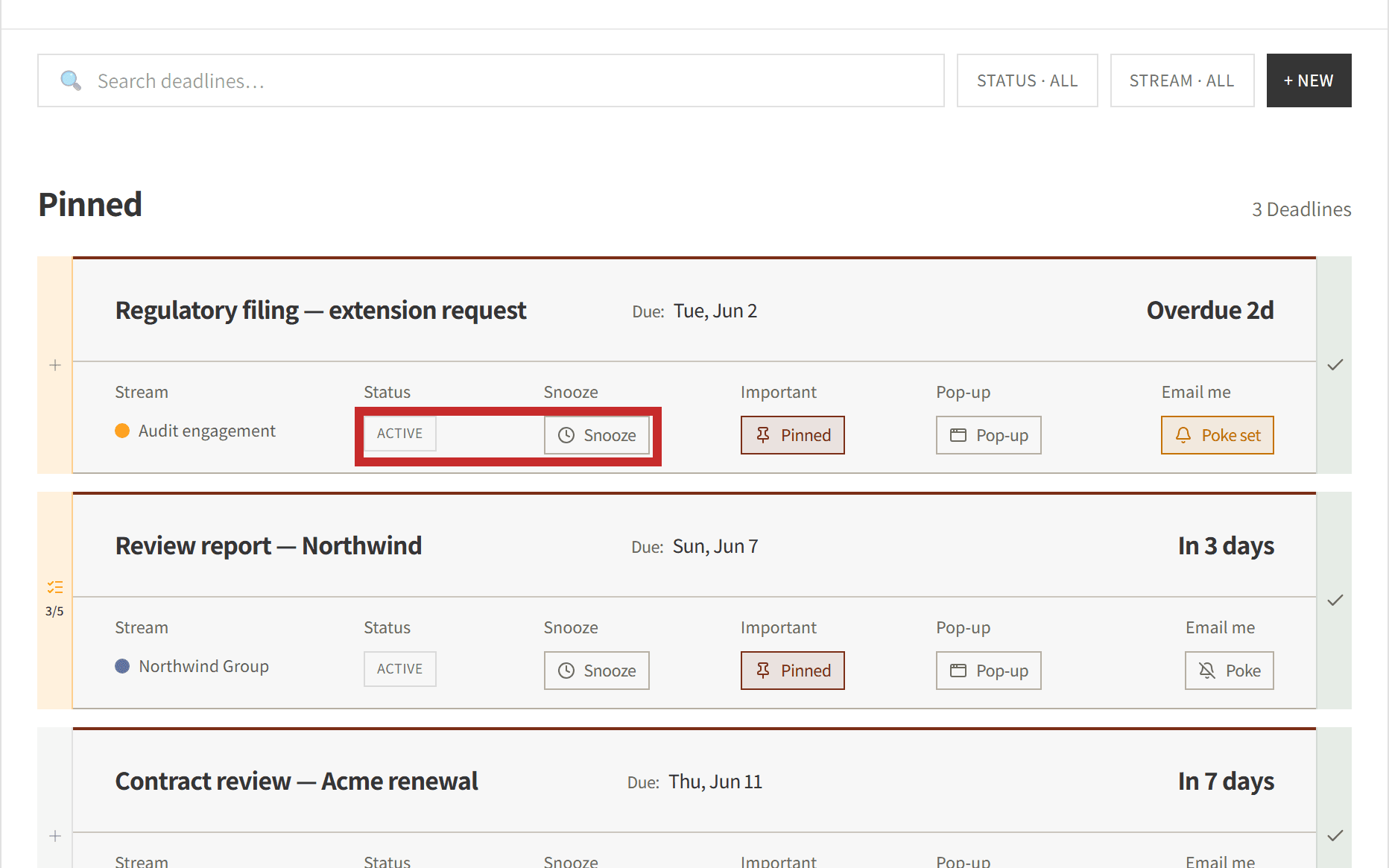 The Snooze and Status controls outlined on a deadline card
