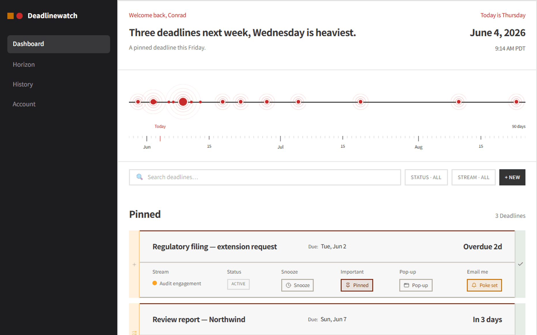 An open browser bookmarked to deadline.watch showing the dashboard